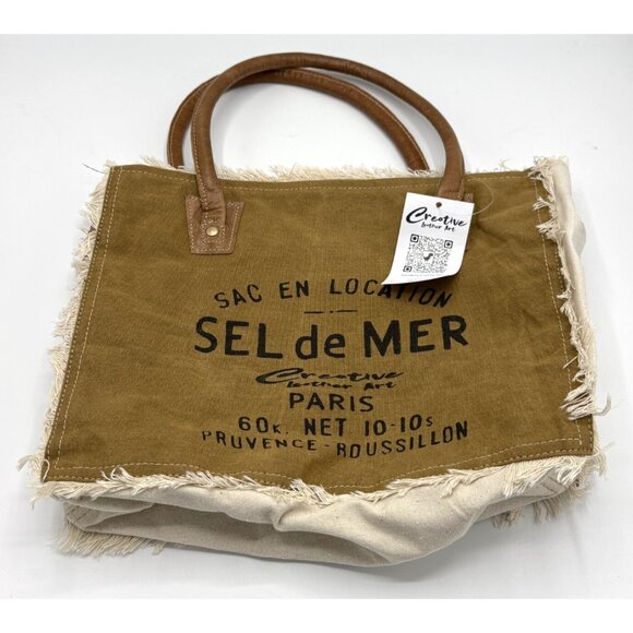 Creative Leather Art Canvas Tote Bag “Sel de Mer” Paris - Fringed & Striped Lini - Picture 2 of 11
